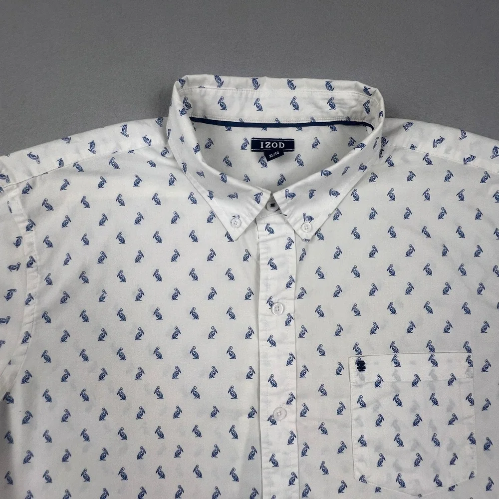 Coastal Button Down Shirt Mens XL White Blue Pelican‎ Bird Print Short Sleeve